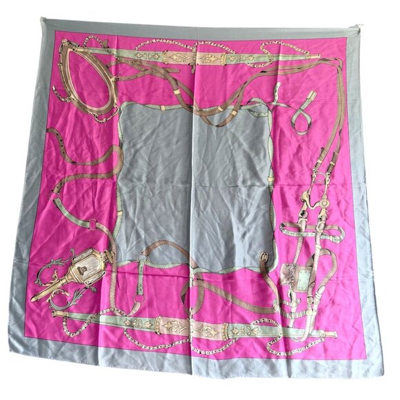 Vintage Codello Horse Tack and Bridle 100% Silk Scarf Women One Size Pink Gray